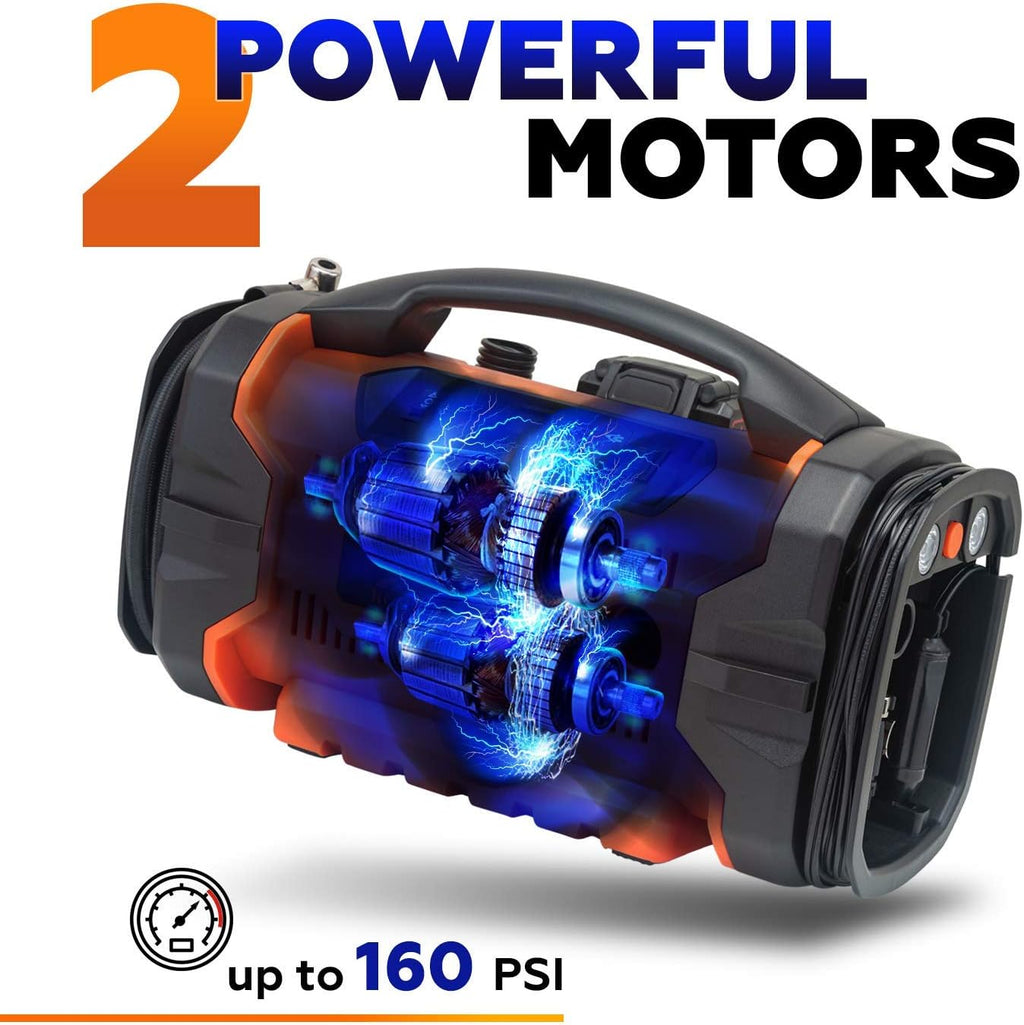 RoofPax Tire Inflator Portable Air Compressor for Car Tires 3 Power Sources AC/DC & Battery Heavy Duty Inflator/Deflator Digital Car Air Pump with Pressure Gauge 12V 110 AC 160 PSI For Car RV & Truck