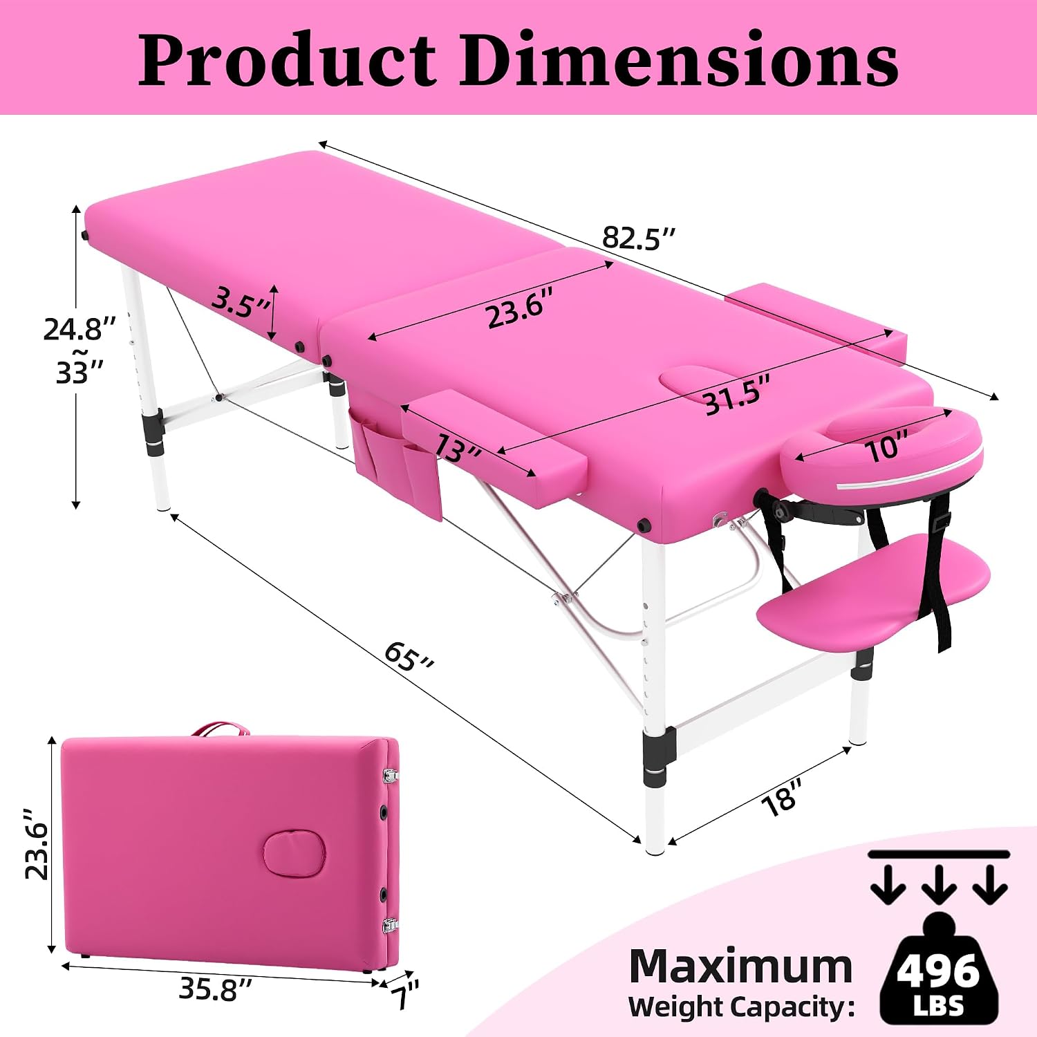 civama Massage Table Massage Bed Portable, 26 LBs Light Weight Foldable Tattoo Facial Care Spa Lash Bed Aluminum Frame with Accessories Carrying Bag, Pink