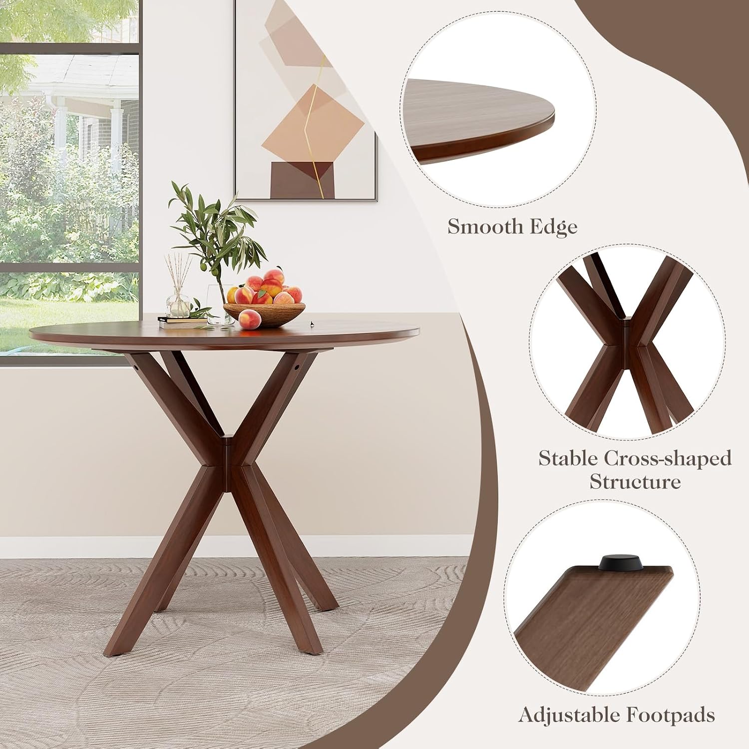 Giantex 36' Round Wood Dining Table, Farmhouse Kitchen Table with Intersecting Pedestal Base & Solid Rubber Wood Legs, Vintage Coffee Tables for Dinette, Small Spaces, Restaurant, Brown