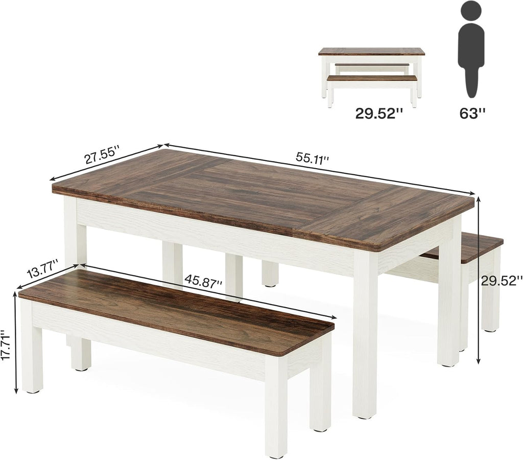 Tribesigns Farmhouse Kitchen Table Set for 4-6, 55-Inch Wooden Dining Table with 2 Benches, Space Saving 3 Pieces Heavy Duty Dinette for Dining Room, Kitchen, Small Space