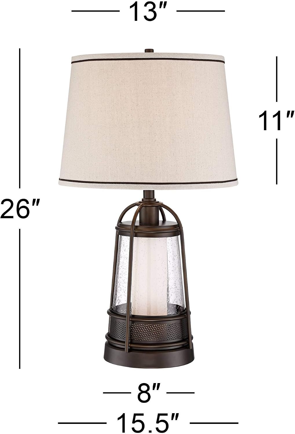 Franklin Iron Works Hugh Industrial Rustic Table Lamp 26' High with LED Nightlight Bronze Metal Seeded Glass Off White Drum Shade for Bedroom Living Room House Home Bedside Nightstand Office Family