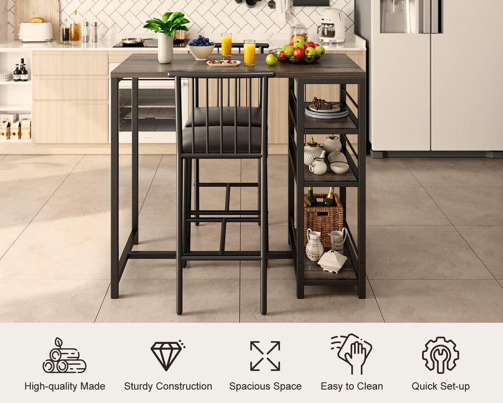 Gizoon Dining Table Set for 2 with 3 Storage Shelves, Kitchen Table and Chairs for 2 with Pu Cushion Chairs & Thick Wood Top, 3 Piece Dining Table Set for Small Space, Apartment - Grey