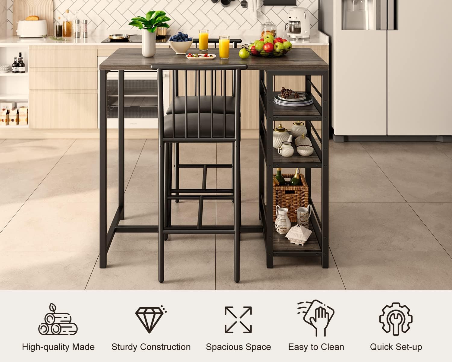 Gizoon Dining Table Set for 2 with 3 Storage Shelves, Kitchen Table and Chairs for 2 with Pu Cushion Chairs & Thick Wood Top, 3 Piece Dining Table Set for Small Space, Apartment - Grey