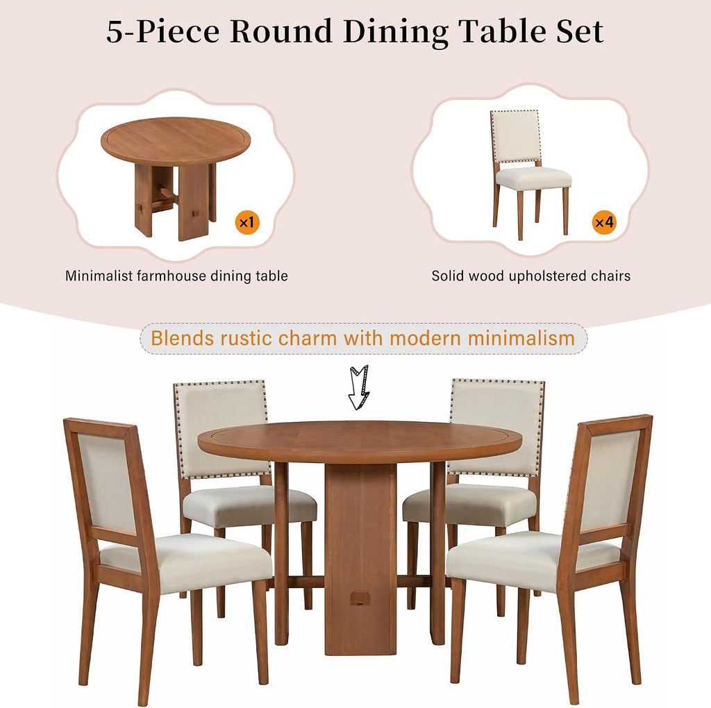Merax 5-Piece Round Dining Table Set for 4, Minimalist Farmhouse Dining Table with 4 Upholstered Chairs, Kitchen & Dining Room Sets, Beige+Brown