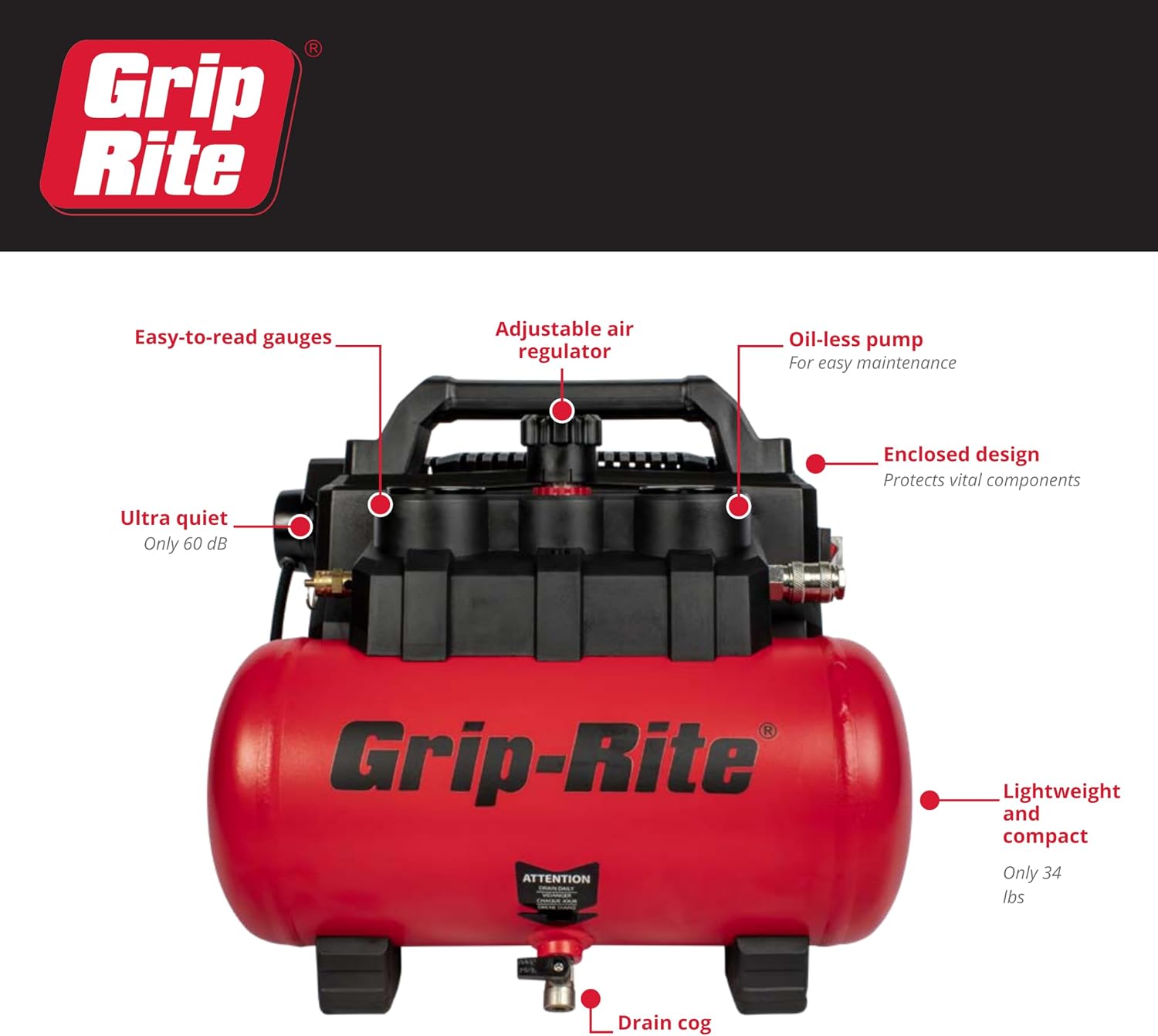 Grip-Rite GR200QW ULTRA QUIET PORTABLE COMPRESSOR, 1.5 GALLON, 1 HP, 125 MAX PSI, Oil-Free, Electric