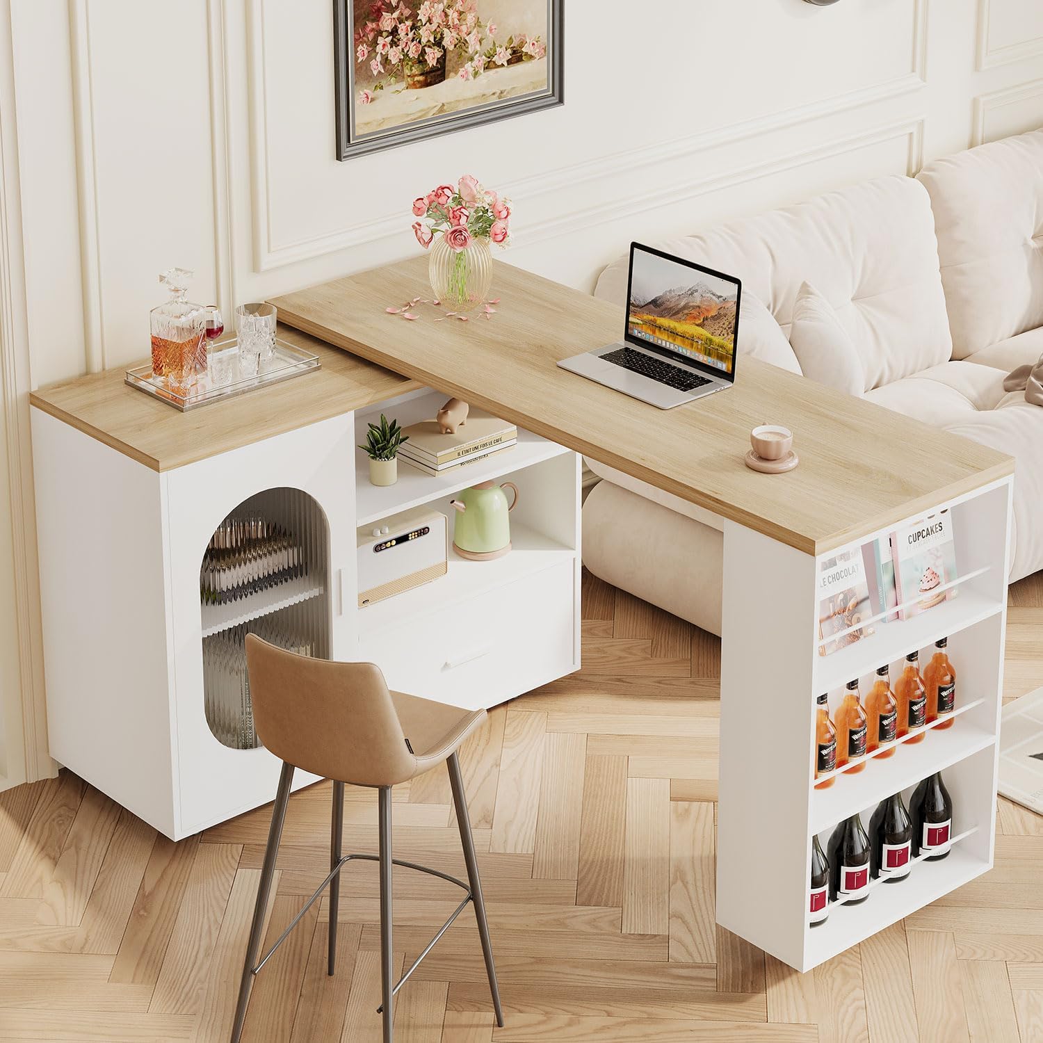 HSH 72.4' Rolling Kitchen Island with Swivel Table, Storage Cabinet, Drawers & Shelves, White Modern Mobile Island Cart on Wheels, Farmhouse Wood Island Table for Kitchen, Dining Room, Home Bar