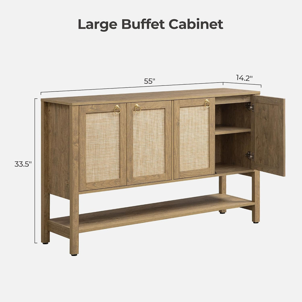 SICOTAS 55' Cherry Sideboard Buffet Cabinet with Rattan Doors, Rustic Farmhouse Coffee Bar Cabinet with Open Shelf, Warm Wood Credenza & Console Table for Kitchen, Dining Room, Entryway