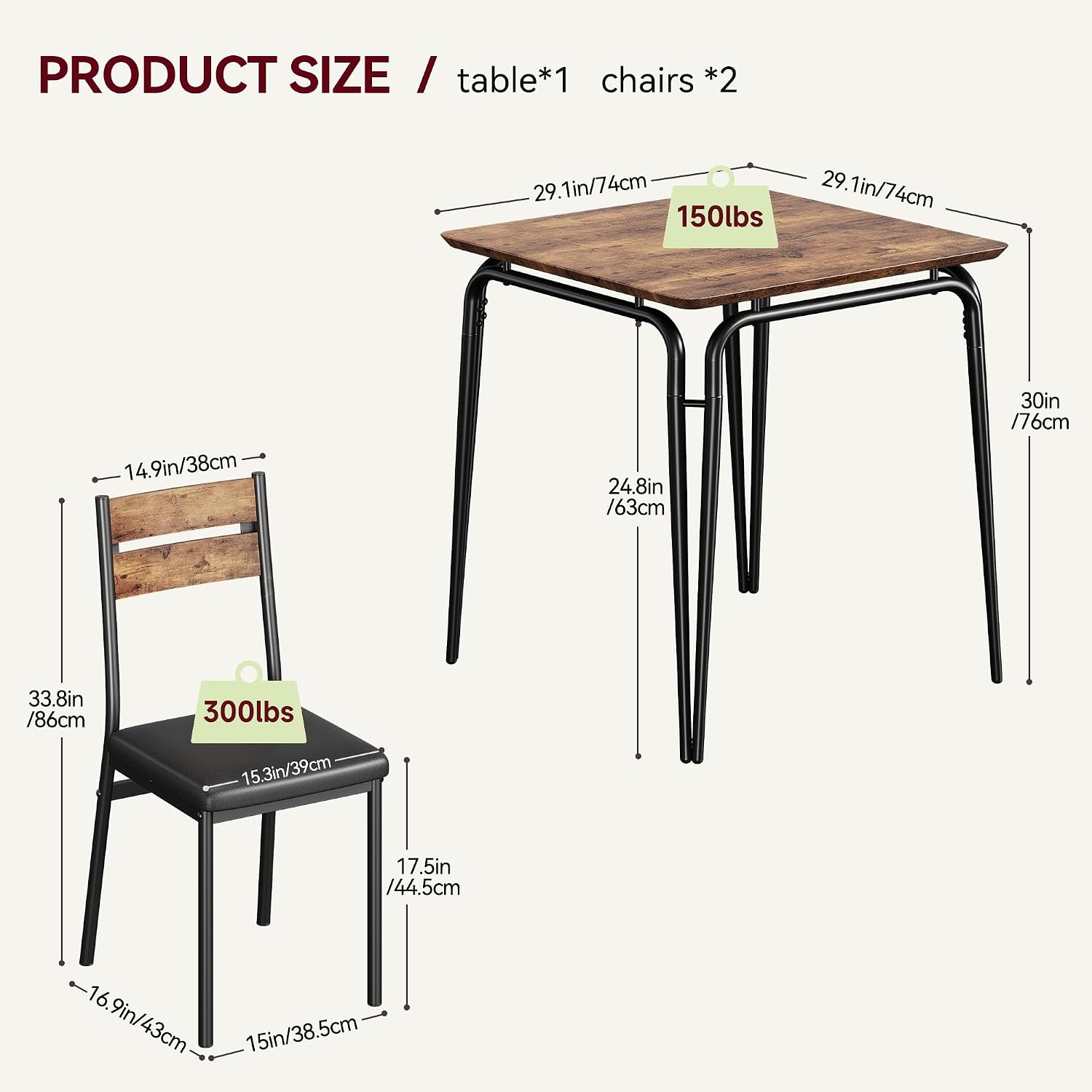 GarveeHome Dining Table for 2, Small Table and Chairs Set of 2, Square Dinette Set for 2, 3 Piece Kitchen & Dining Room Sets for Small Space (Vintage, Table with 2 Upholstered Chairs)