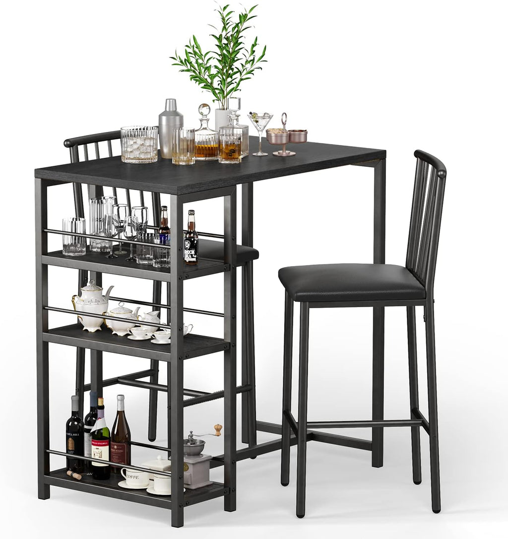 Gizoon Dining Table Set for 2 with 3 Storage Shelves, Kitchen Table and Chairs for 2 with Pu Cushion Chairs & Thick Wood Top, 3 Piece Dining Table Set for Small Space, Apartment - Black