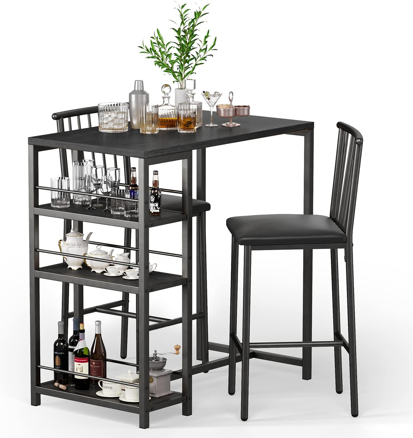Gizoon Dining Table Set for 2 with 3 Storage Shelves, Kitchen Table and Chairs for 2 with Pu Cushion Chairs & Thick Wood Top, 3 Piece Dining Table Set for Small Space, Apartment - Black