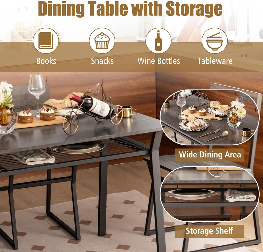 Giantex Dining Table Set for 4, 47'L x 28'W Rectangular Kitchen Table w/ 4 Trapezoid Chairs, Reinforced Metal Frame & Storage Rack, Industrial Space-Saving Dinette Set for Kitchen Dining Room (Grey)