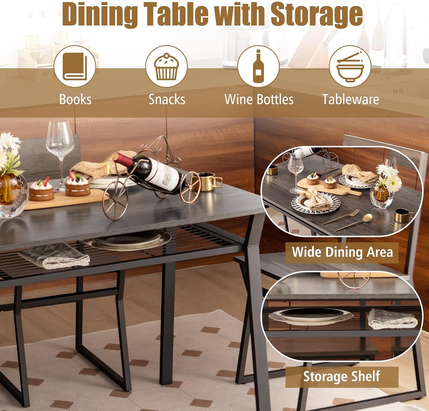 Giantex Dining Table Set for 4, 47'L x 28'W Rectangular Kitchen Table w/ 4 Trapezoid Chairs, Reinforced Metal Frame & Storage Rack, Industrial Space-Saving Dinette Set for Kitchen Dining Room (Grey)