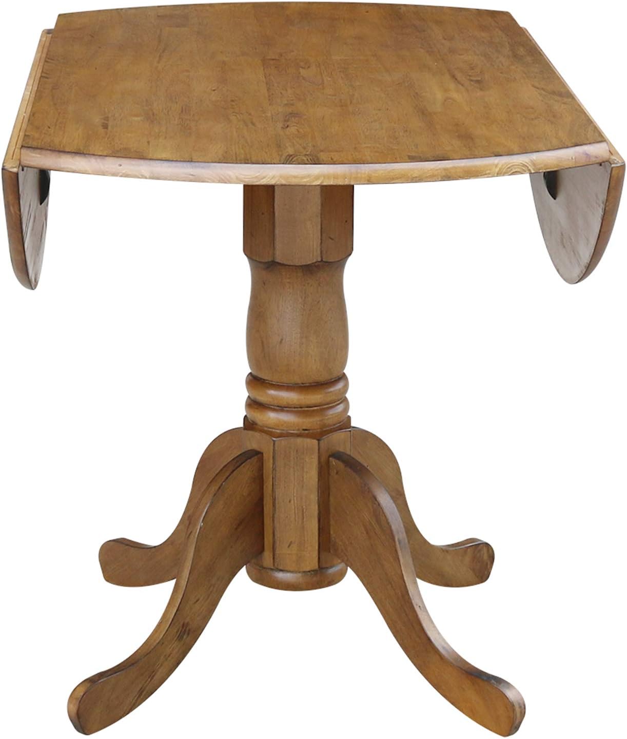 42' Round Dual Drop Leaf Pedestal Dining Table Solid Wood, Easy Assembly, Sturdy Parawood, Kitchen/Dining Room, 29.5'H x 42'W x 42'D, 20mm Thickness Top, Includes Two 9' Drop Leaves