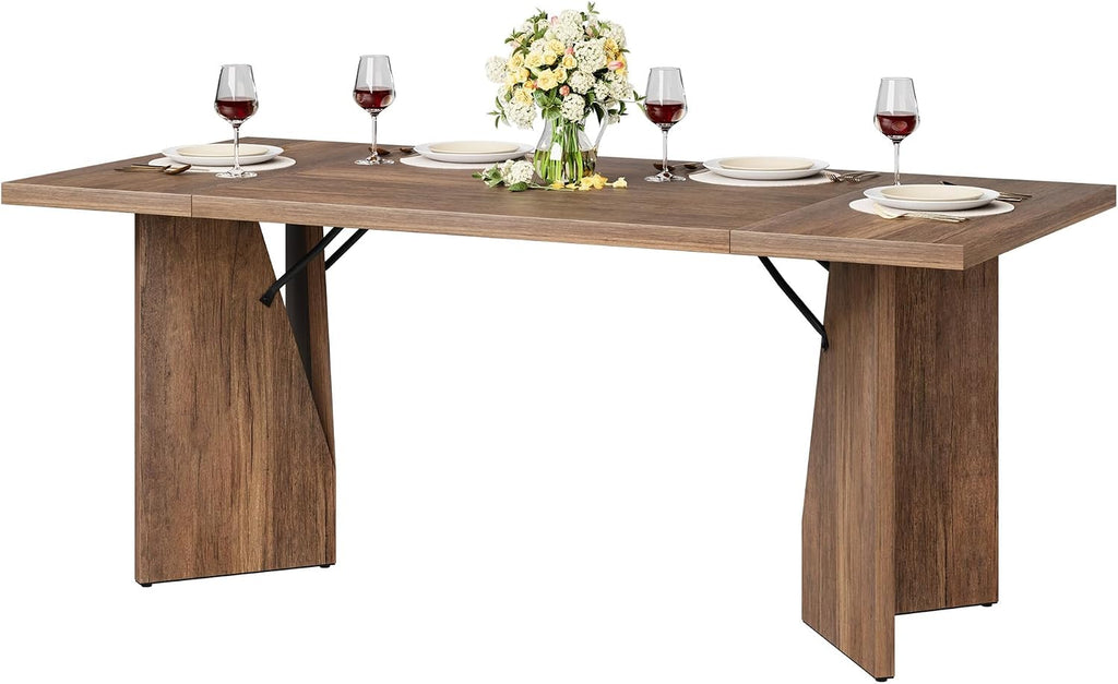 GarveeHome 70.9'' Rectangular Dining Table for 6-8, Wooden Thickened Long Desk, Farmhouse Kichen Table with Sturdy Frame and M-Shaped Legs, for Dining Room, Kitchen, Living Room, Office, Retro Brown