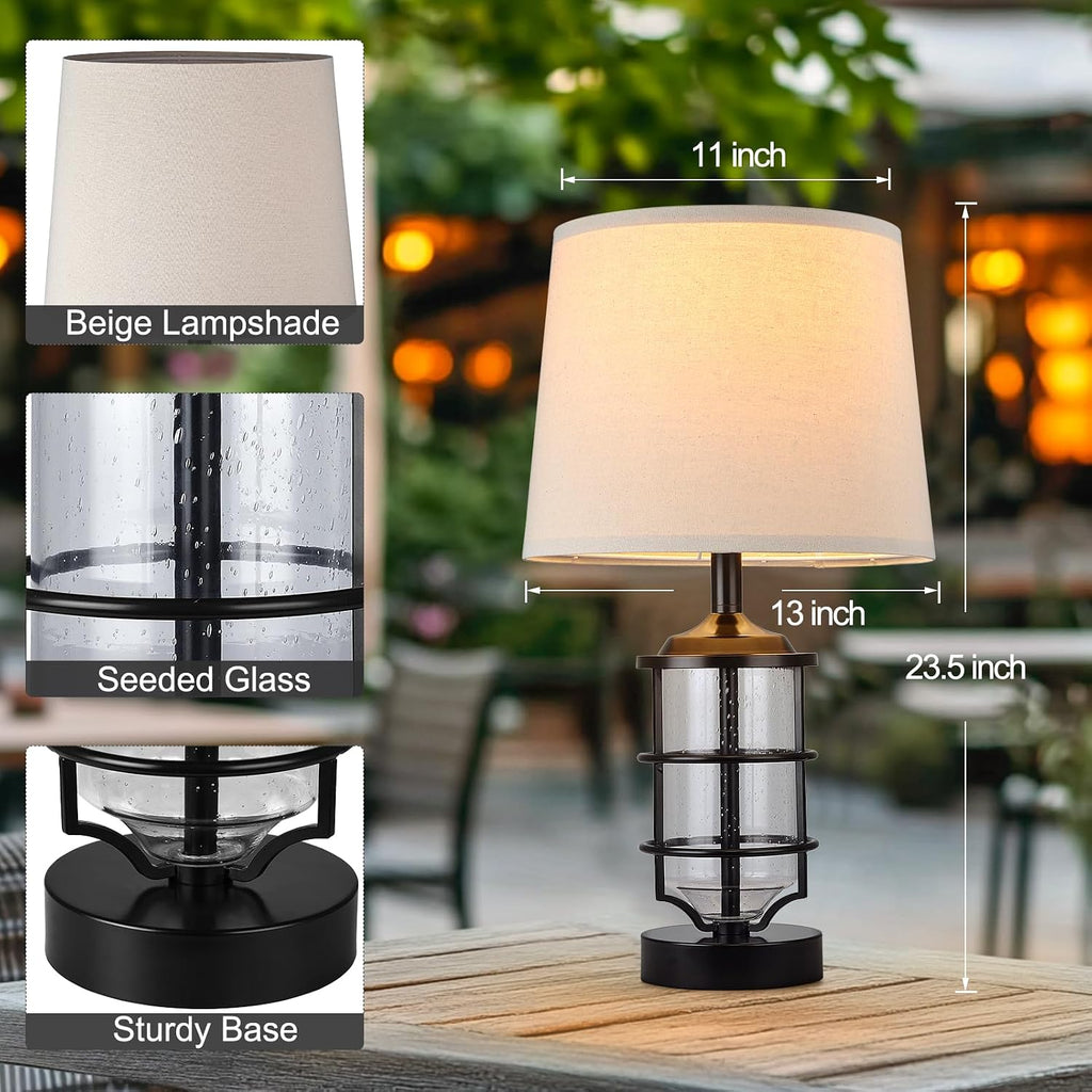 Outdoor Table Lamps Set of 2, Farmhouse Lamps for Patio Table Decor with Cord, Rustic Table Lights With Seeded Glass, 23.5' Plug-in Outdoor Lamps for Patio Waterproof, LED Bulbs Included (Black)