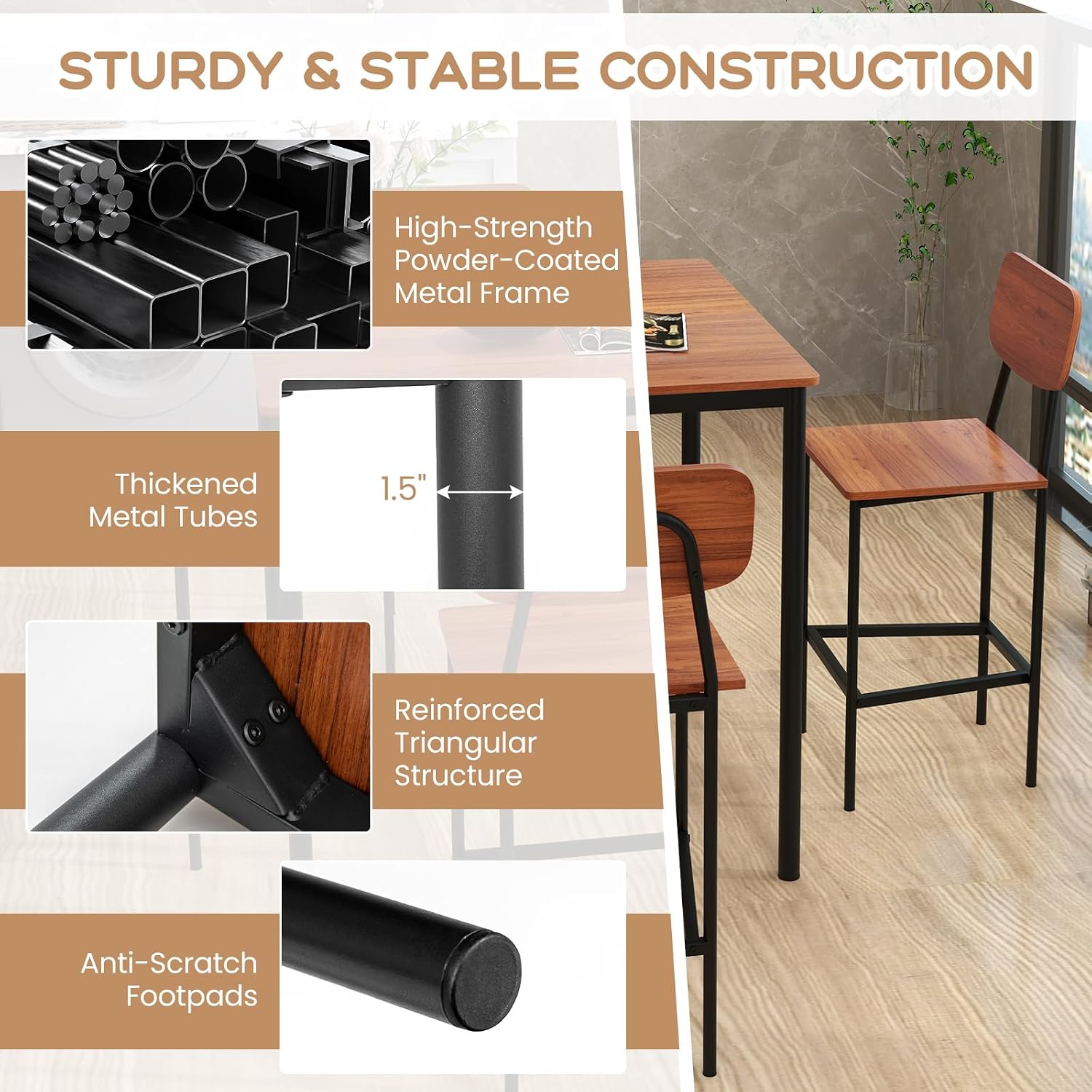 Giantex 5-Piece Dining Table Set W/Counter Height Table & 4 Bar Stools, Industrial Kitchen Dining Table Set W/Footrest & Backrest, Space-Saving Dinette Set for Pub, Dining Room, Restaurant (Walnut)