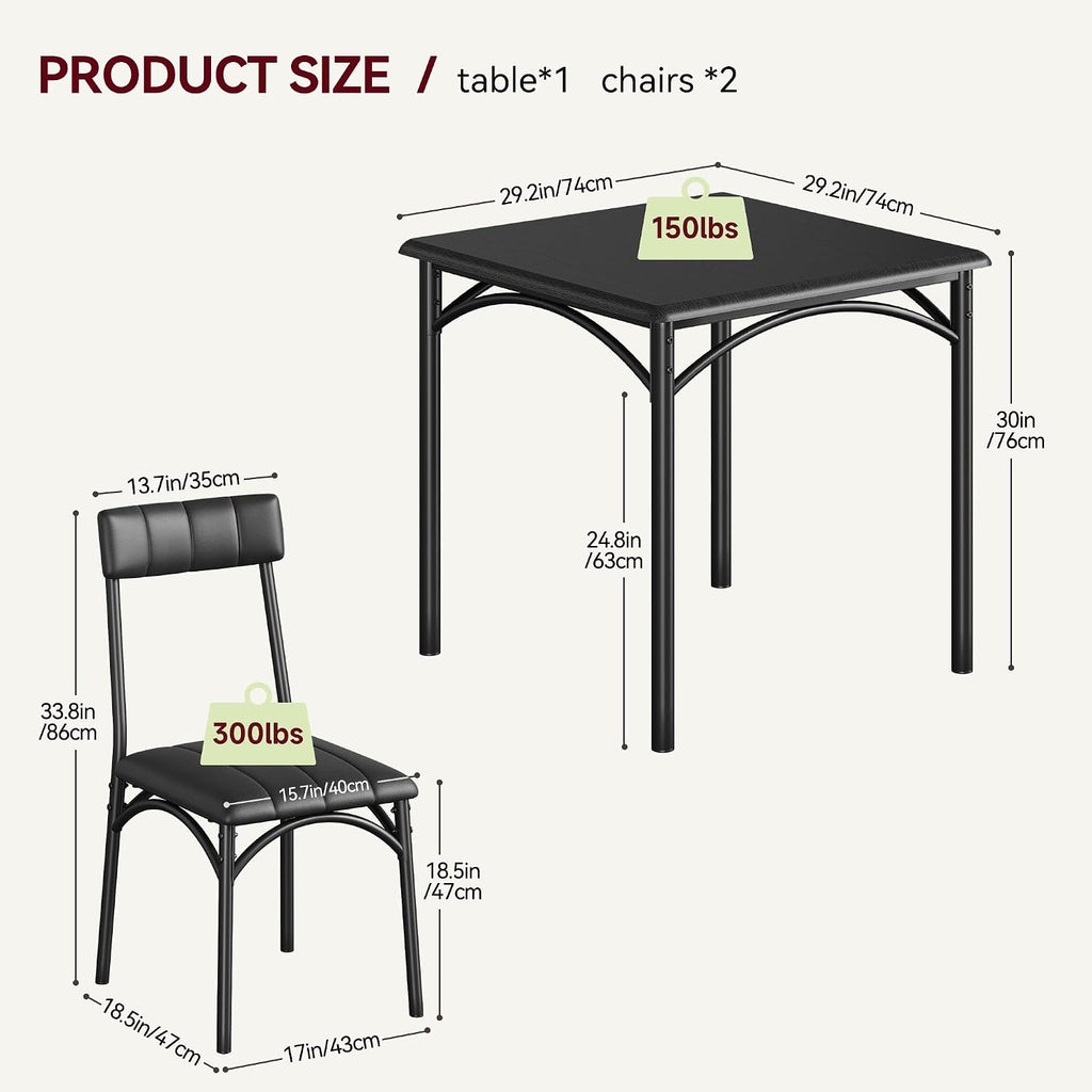 GAOMON Dining Table Set for 2, Kitchen Table and Chairs for 2 with Upholstered Chairs, 3 Piece Dining Room Table Set, Square Kitchen Table Set for Small Space, Apartment, Studio, Rustic Black