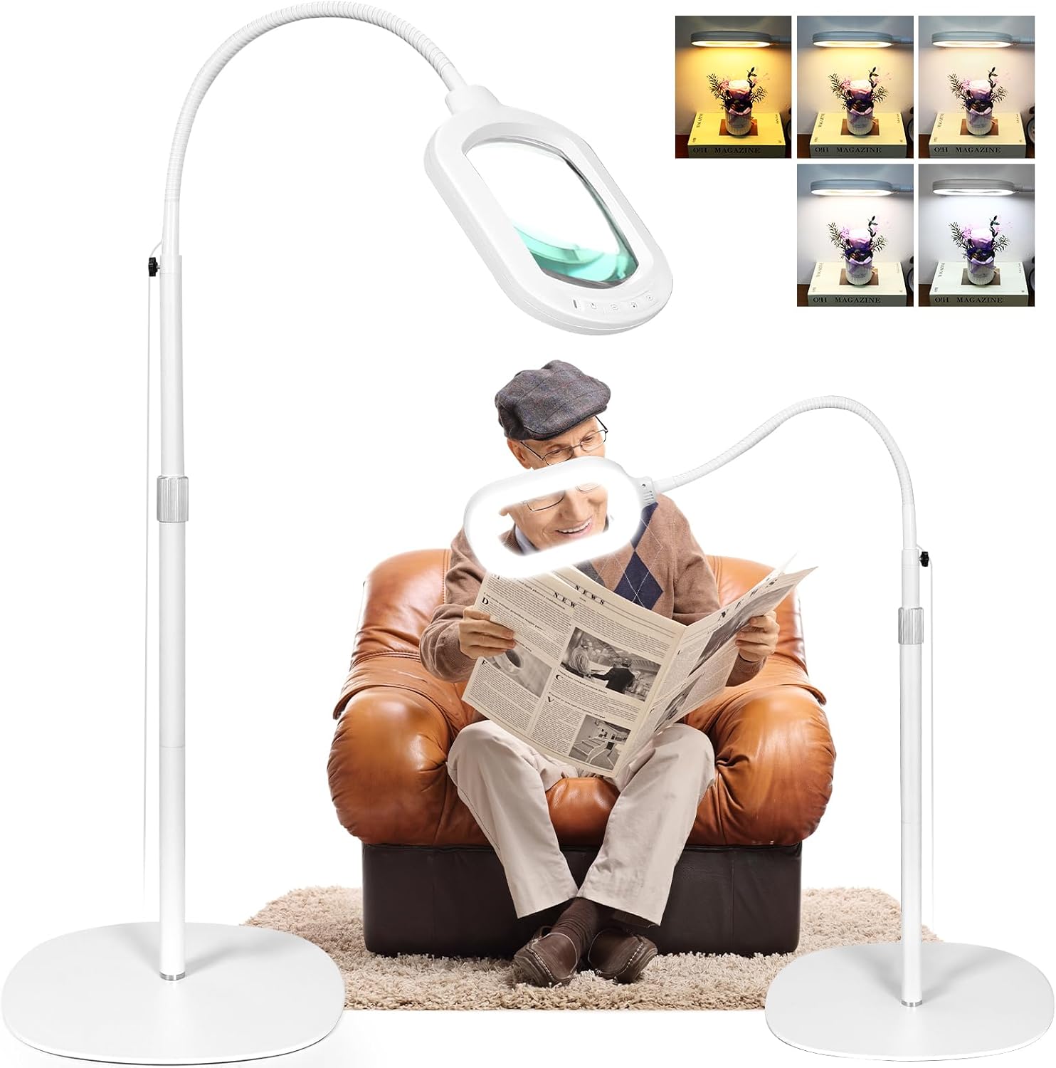 Large Magnifying Glass with Light and Stand, 10X Rectangle Optical Real Glass Lens, Height Adjustable Gooseneck Magnifier Floor Lamp, 5 Color Modes LED Dimmable Lighted Hands Free for Crafts - White