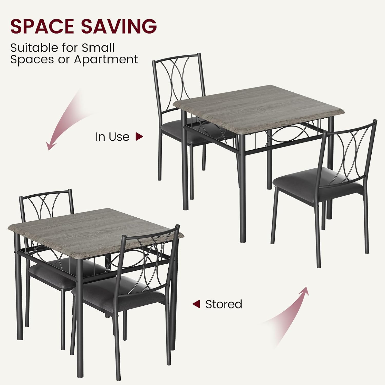 Garvee 3-Piece Wood Dining Table Set for 2, Compact Square Kitchen Table Set with 2 Upholstered Chairs, Space-Saving Dining Table Set for Apartment, Studio, Kitchen, Small Space, Gray