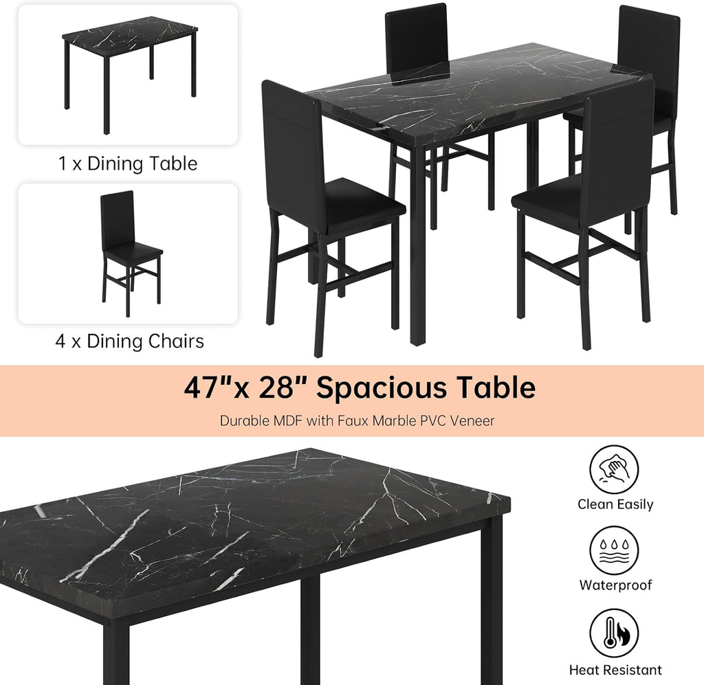 Hooseng Dining Table Set for 4, Modern Faux Marble Kitchen Table with 4 PU Leather Chairs, 5 Piece Dining Room Sets for Dinette, Breakfast Nook, Black