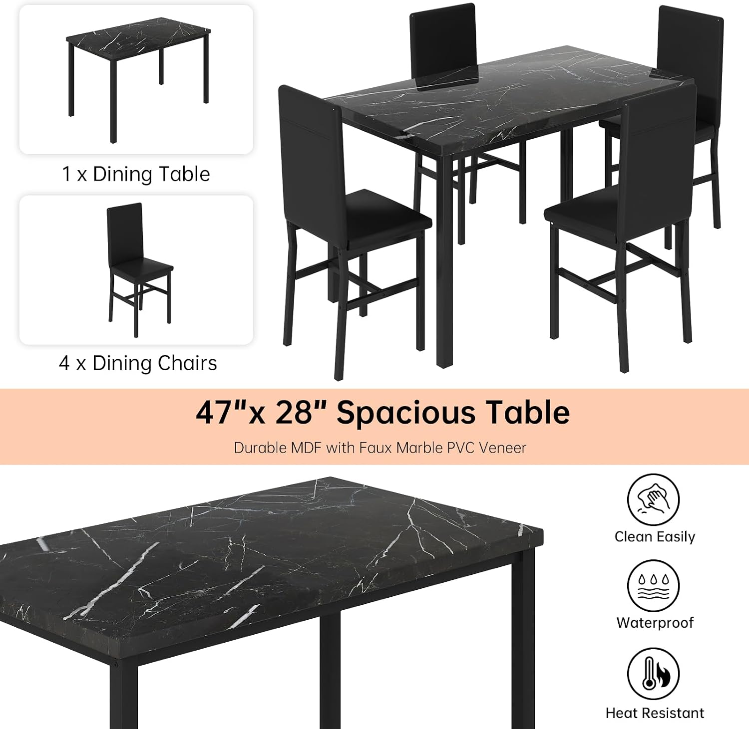 Hooseng Dining Table Set for 4, Modern Faux Marble Kitchen Table with 4 PU Leather Chairs, 5 Piece Dining Room Sets for Dinette, Breakfast Nook, Black