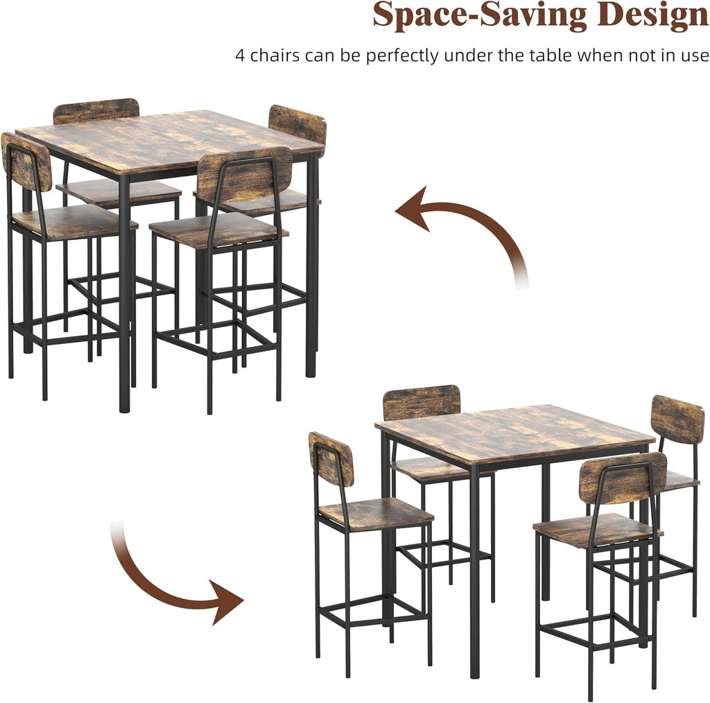 Kitchen Table and Chairs of 4, 5 Piece Dining Table Set, Sturdy Industrial Space Saving Dinette Set for Pub, Family Dinners, Apartment, Rustic Brown