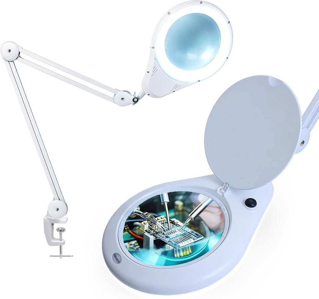 Neatfi Elite XL HD Super LED Magnifying Lamp – 7' Glass Lens, 5-Diopter, 6500K Daylight | Glare-Free, Adjustable Arm | Reading, Sewing & Crafting (White-3, 7-inch Lens, Non-CCT with Clamp)