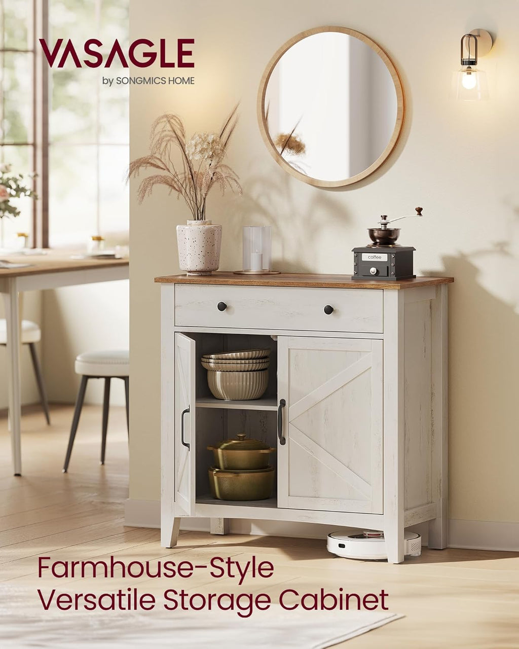 VASAGLE LIRY Collection - Buffet Cabinet, Coffee Bar Cabinet with a Drawer, Adjustable Shelf, Sideboard Storage with Cable Hole, Drawer Divider, Rustic White and Honey Brown UBBK341W01