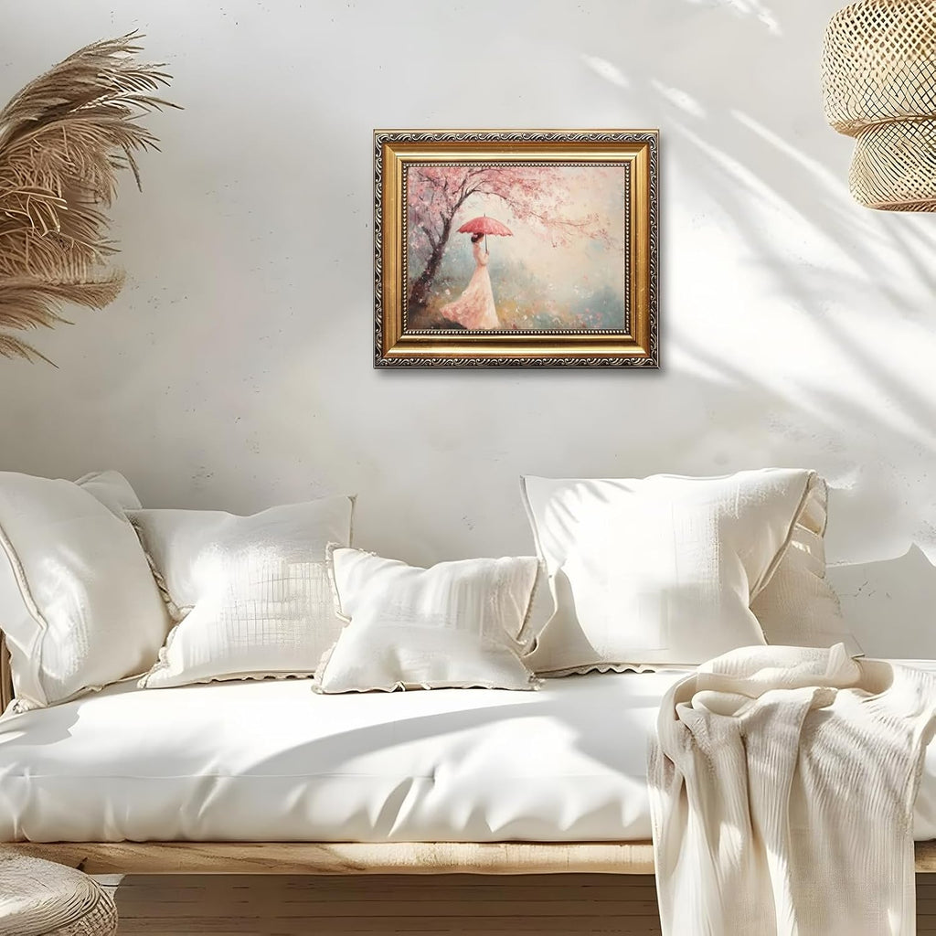 Large Framed Pink Cherry Blossom Tree Girl Oil Painting Wall Art Romantic Woman with Umbrella Canvas Print Spring Floral Japanese-Inspired Decor Vintage Artwork for Living Room Bedroom 24x36inch