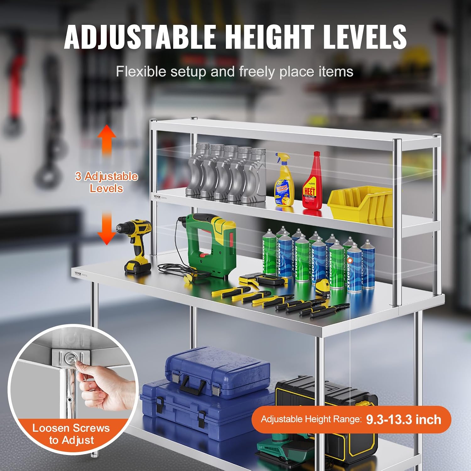VEVOR Stainless Steel Overshelf, 12 x 60 Inch Double Deck Height Adjustable Prep Work Table for Kitchen, Restaurant and Workshop