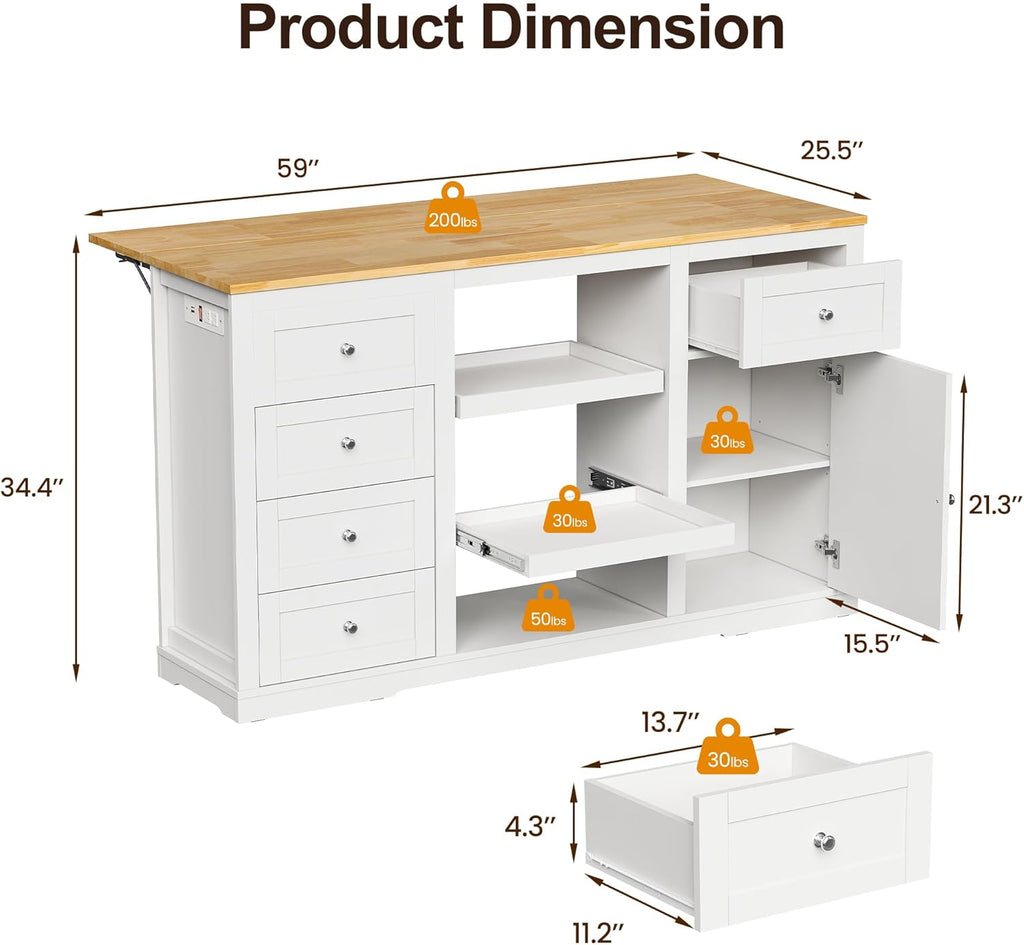 RoyalCraft 59'' Kitchen Island with Storage and Drop Leaf, Kitchen Island Table, Coffee Station Cabinet with Solid Rubber Wood Top, Pull-Out Trays, Drawers, Adjustable Shelves, Power Outlet, White
