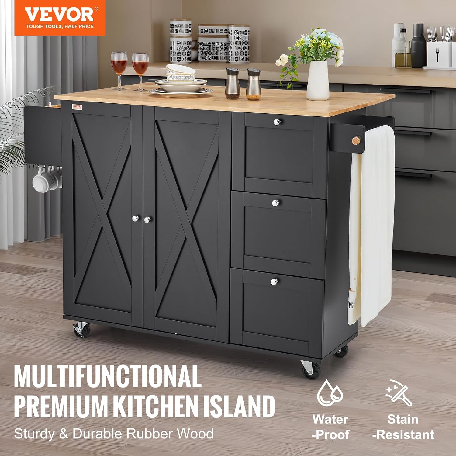 VEVOR Kitchen Island Cart, Rolling Table with Drop Leaf, Spice Rack, Towel Bar, Adjustable Shelf, Drawer, and Hooks, Mobile Island on Wheels, Mobile Carts with Storage Cabinet, 45.3' Wood Top, Black