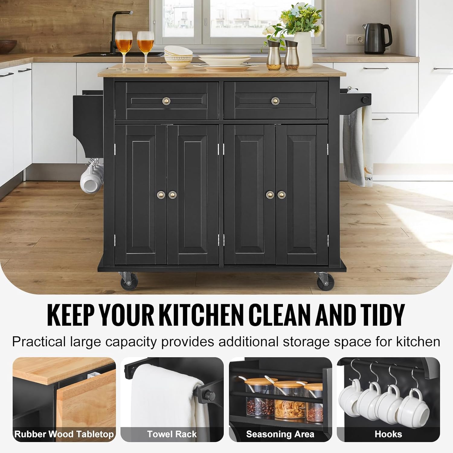 VEVOR Kitchen Island Cart, 35' Wood Top Mobile Carts with Storage Cabinet, Rolling Table with Drop Leaf, Spice Rack, Towel Bar, Adjustable Shelf, Drawer, and Hooks, Portable Islands on Wheels, Black