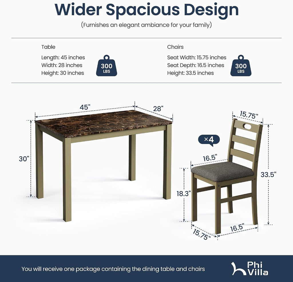 PHI VILLA Solid Wood Dining Table Set for 4, Marble Design Kitchen Table Chairs Set of 4, 5 Piece Space-Saving Dining Room Table Set for Apartment, Emperador Dark Marble& Olive