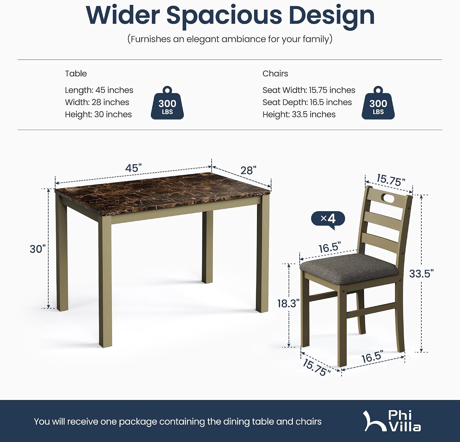 PHI VILLA Solid Wood Dining Table Set for 4, Marble Design Kitchen Table Chairs Set of 4, 5 Piece Space-Saving Dining Room Table Set for Apartment, Emperador Dark Marble& Olive