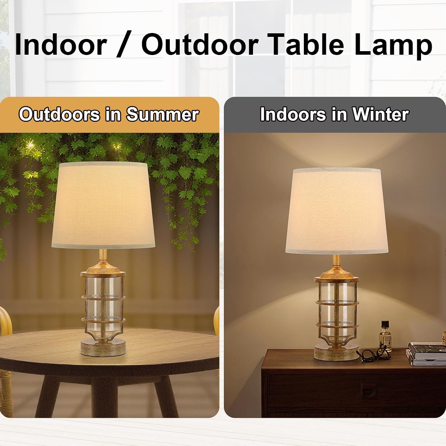 Outdoor Table Lamp, Farmhouse Lamp for Patio Table Decor with Cord, Rustic Table Light with Seeded Glass, 23.5' Plug-in Outdoor Lamps for Patio Waterproof, LED Bulb Included (Wood Color)