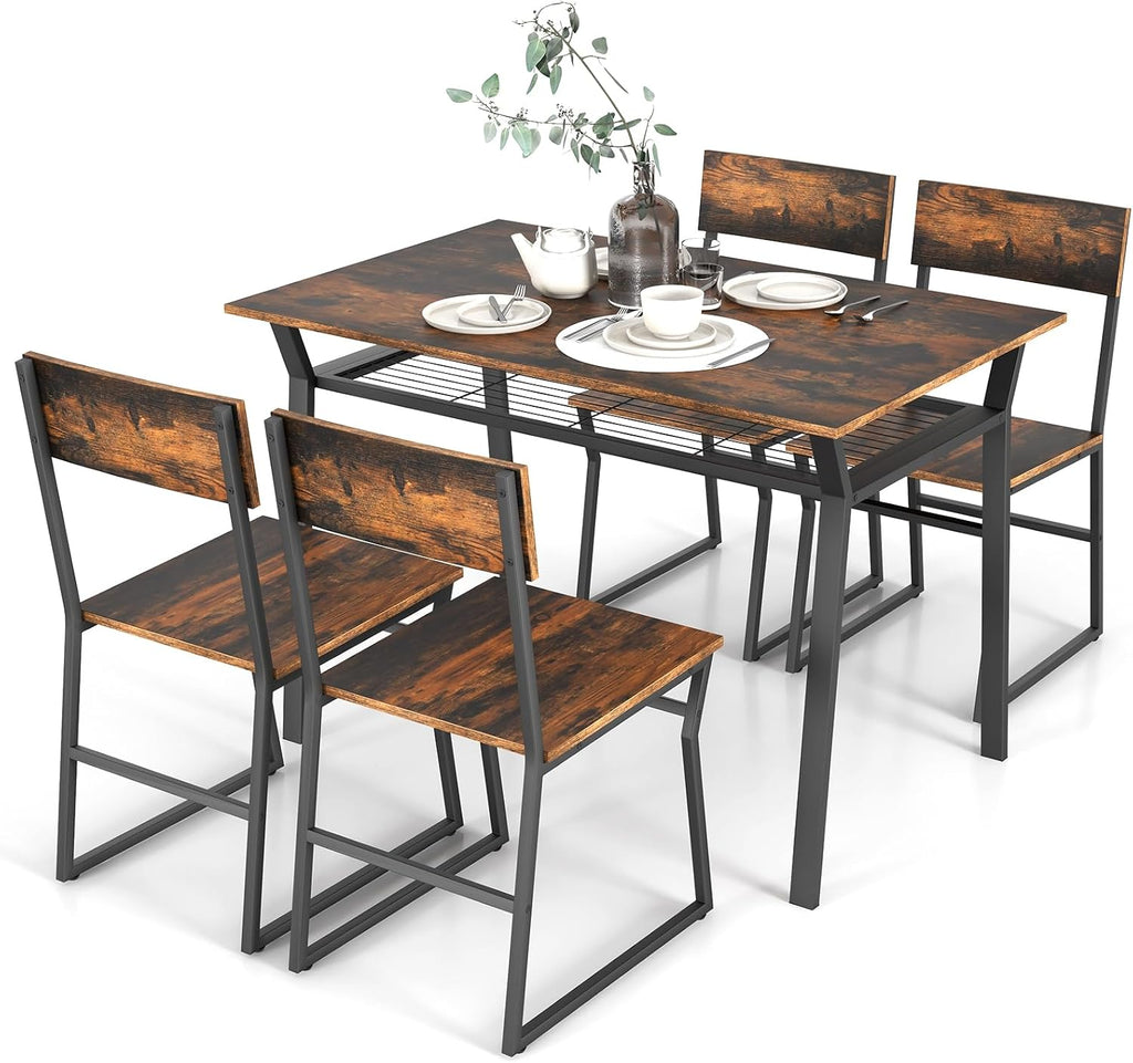 Giantex Dining Table Set for 4, 47'L x 28'W Rectangular Kitchen Table w/ 4 Trapezoid Chairs, Reinforced Metal Frame & Storage Rack, Industrial Space-Saving Dinette Set for Kitchen Dining Room (Brown)
