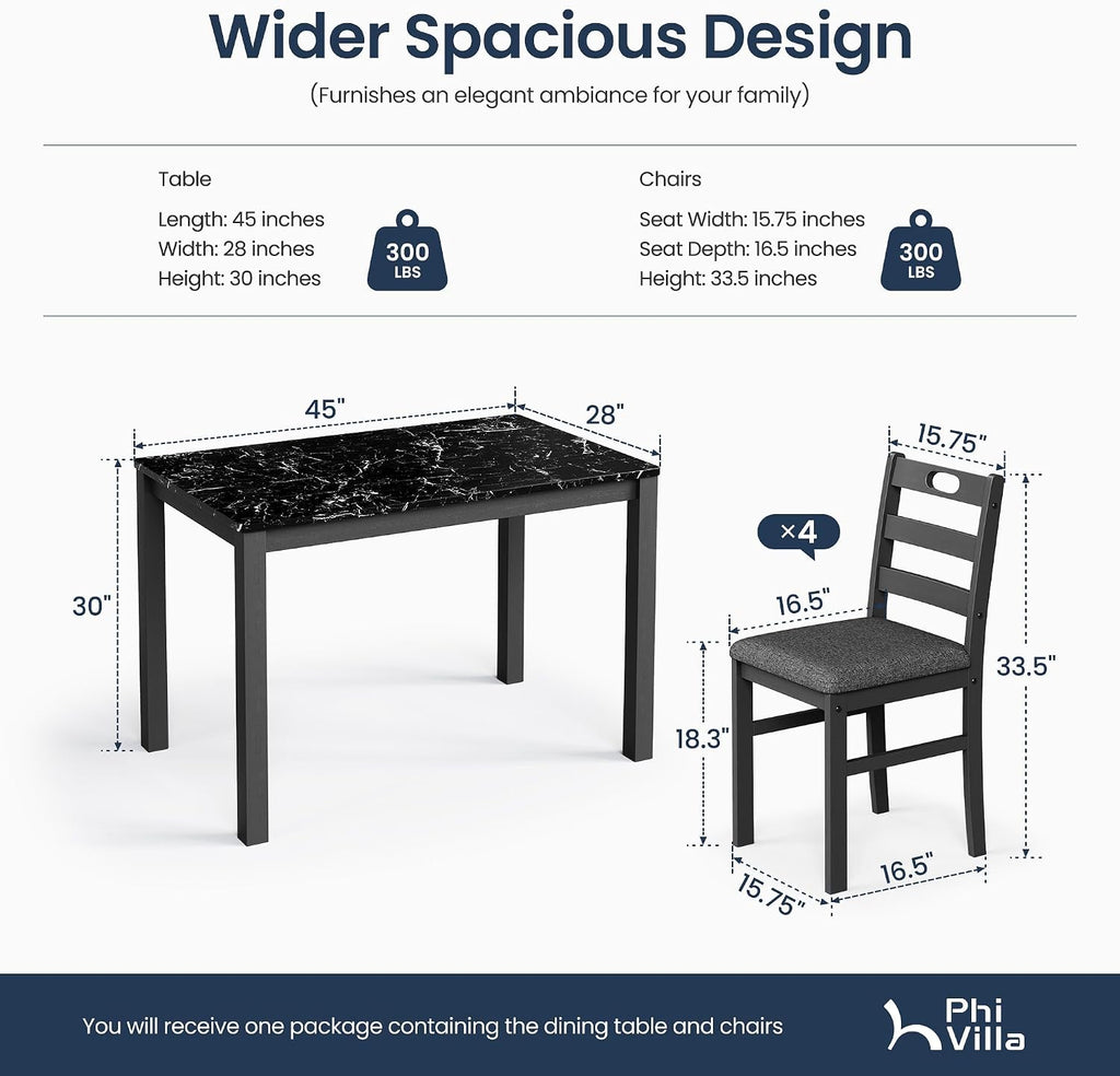 PHI VILLA 5 Piece Dining Table Set for 4, Marble Design Kitchen Table Chairs Set of 4, Solid Wood Space-Saving Dining Room Table Set for Apartment, Veined Black Marble& Gray