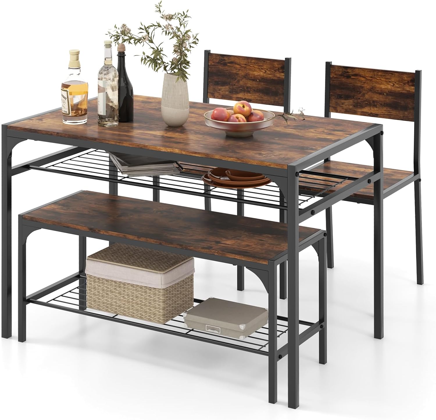 COSTWAY 4 Pieces Dining Table Set, Kitchen Table and 2 Chairs for 4 with Bench, Storage Racks, Metal Frame & Space-saving Design, Industrial Kitchen Table Set for Small Space, Apartment (Rustic Brown)