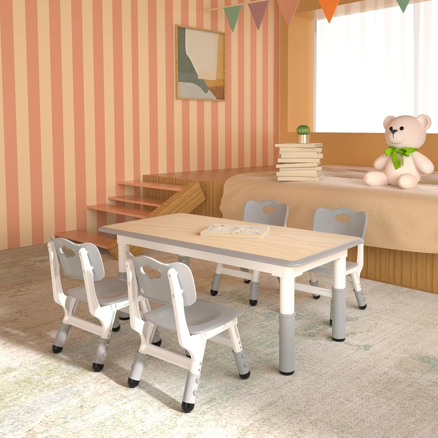 LulliSpace Kids Table and 4 Chairs Set，Height Adjustable Children Table & Chair，Toddlers Study Multi-Activity Table with 47.2'x23.6' Wipe-Clean Desktop，for Classrooms, Homes & Daycares