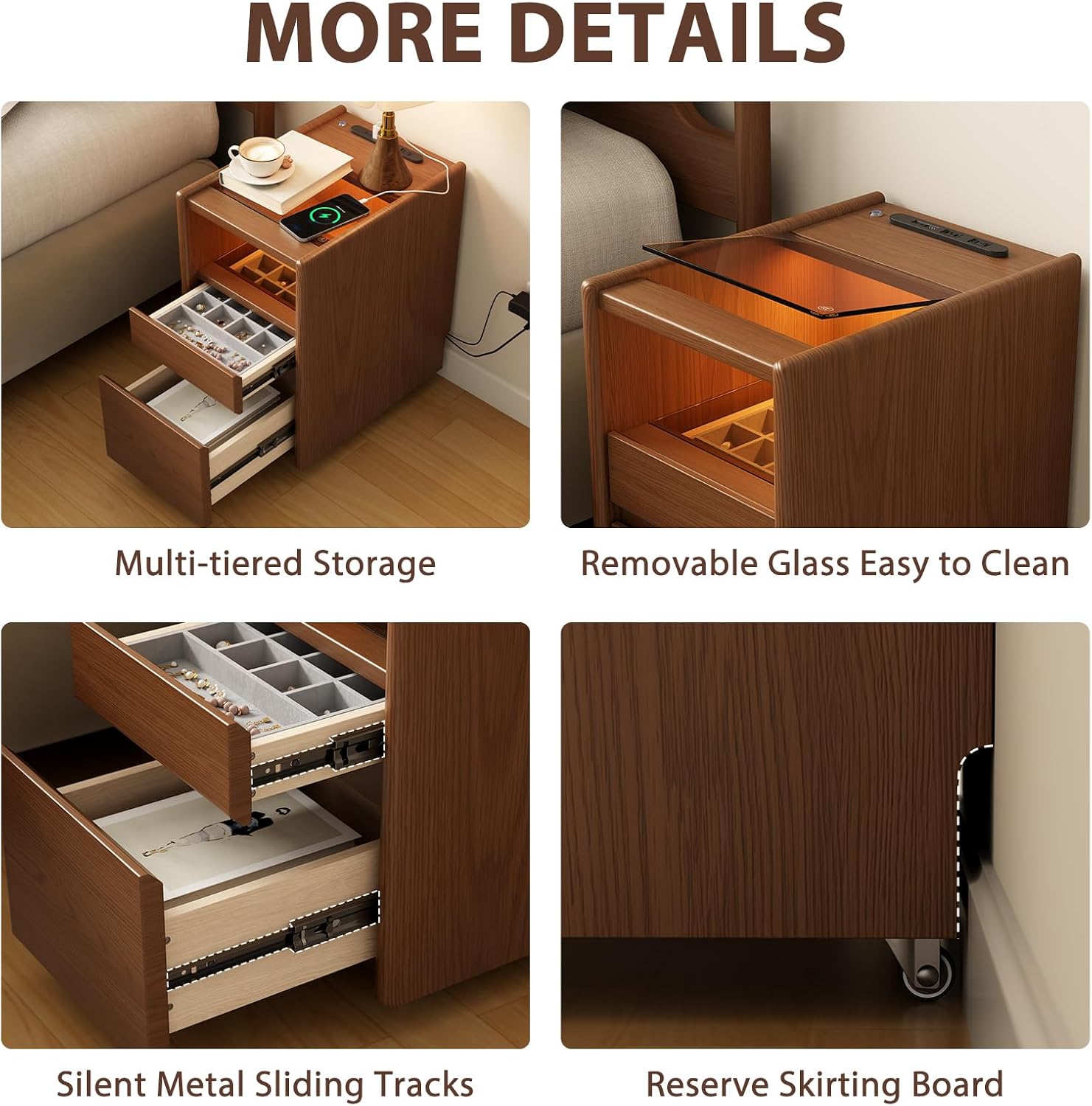 Walnut Nightstand,LED Nightstand with Charging Station,Narrow Bedside Table with Jewelry Box,Small Night Stand with Wheels,Modern Night Stand for Bedroom,Living Room,Dressing Room