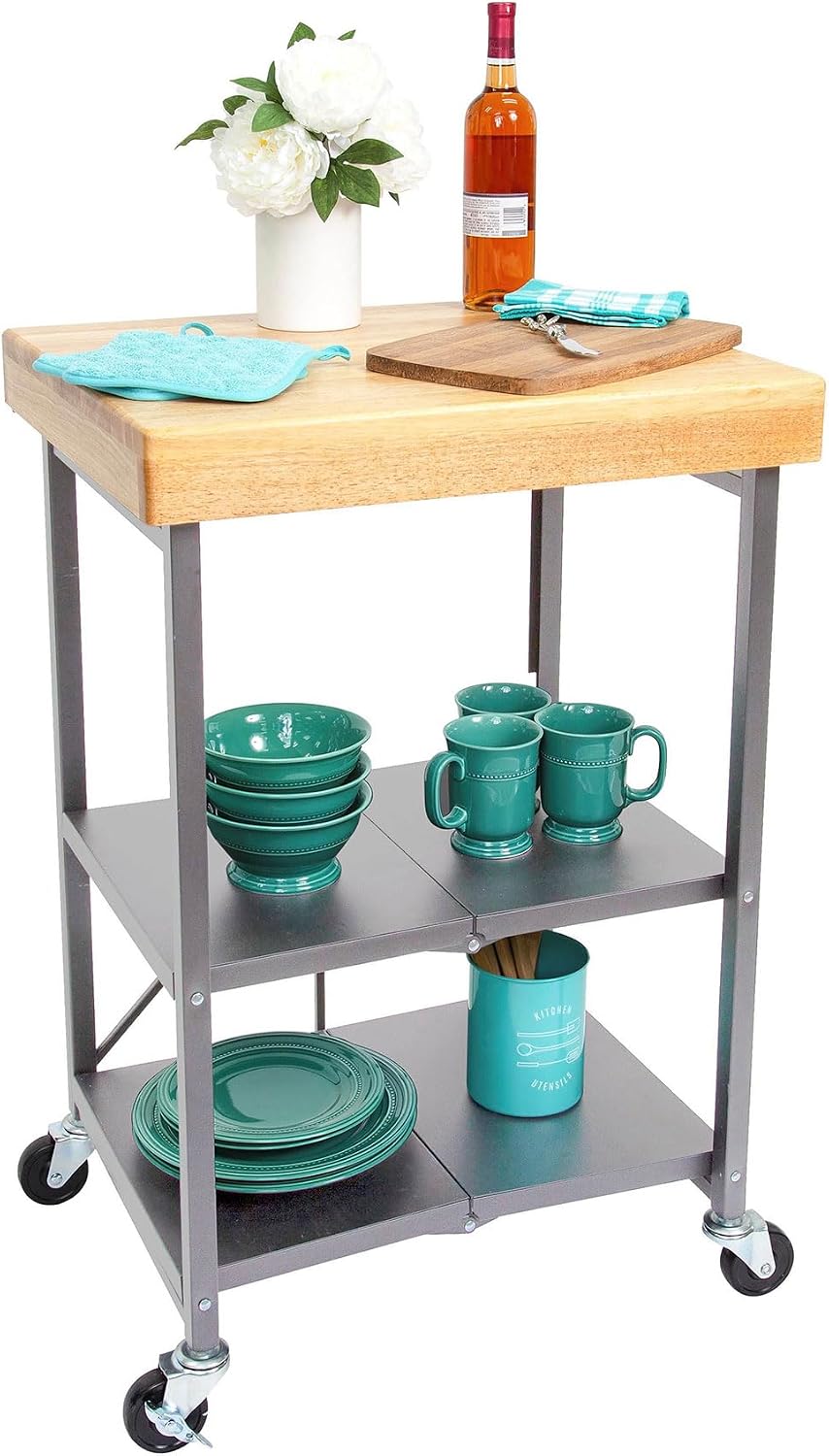 Origami Foldable Kitchen Island Cart, Rolling Storage Table Organizer with Wheels, Silver