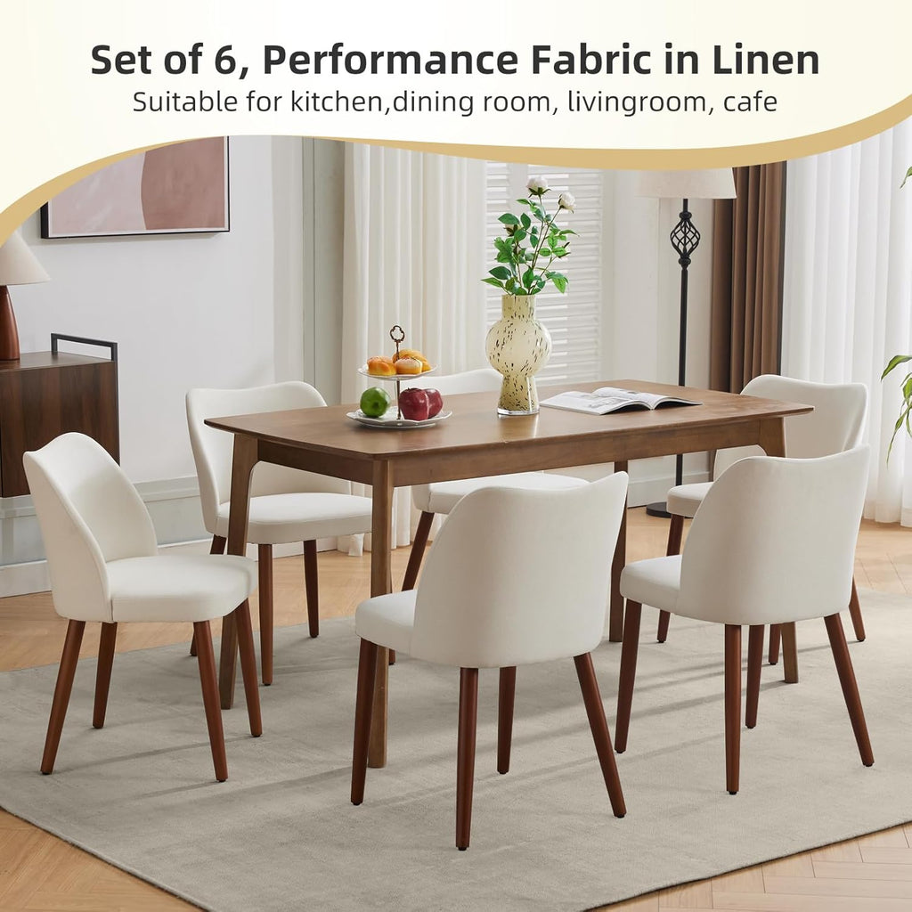 GarveeHome Linen Dining Chair Set of 4 Upholstered Fabric Dining Chair with Wood Legs, Wing Backrest, Wooden Kitchen Chairs with Thick Cushions, Leveling Feet for Dining Room, Living Room, White