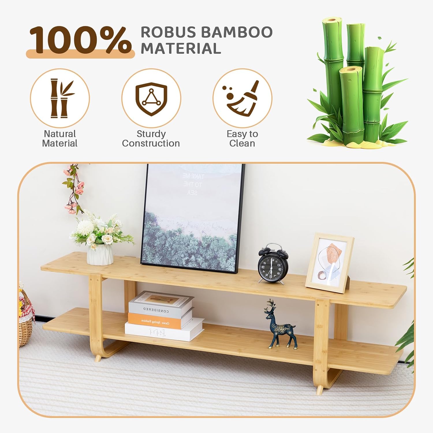 HollyHOME Bamboo TV Stand with Storage for TVs up to 65'', Modern Entertainment Center with 2 Open Shelf, Accent TV Media Console Table for Living Room, Bedroom, 55'(L), Burlywood