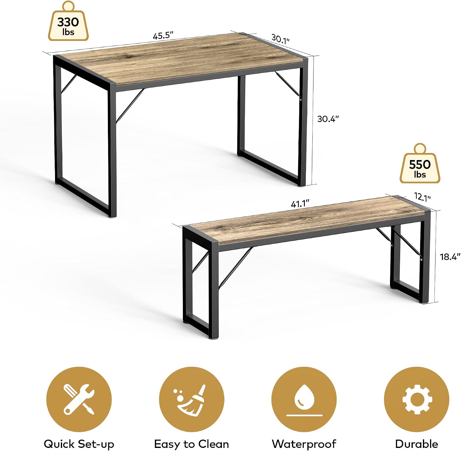Gizoon 45.5' Dining Table Set for 4 with 2 Benches, Kitchen Table Set with Metal Frame & MDF Board, Space-Saving Dinette for Kitchen, Dining Room -Grey