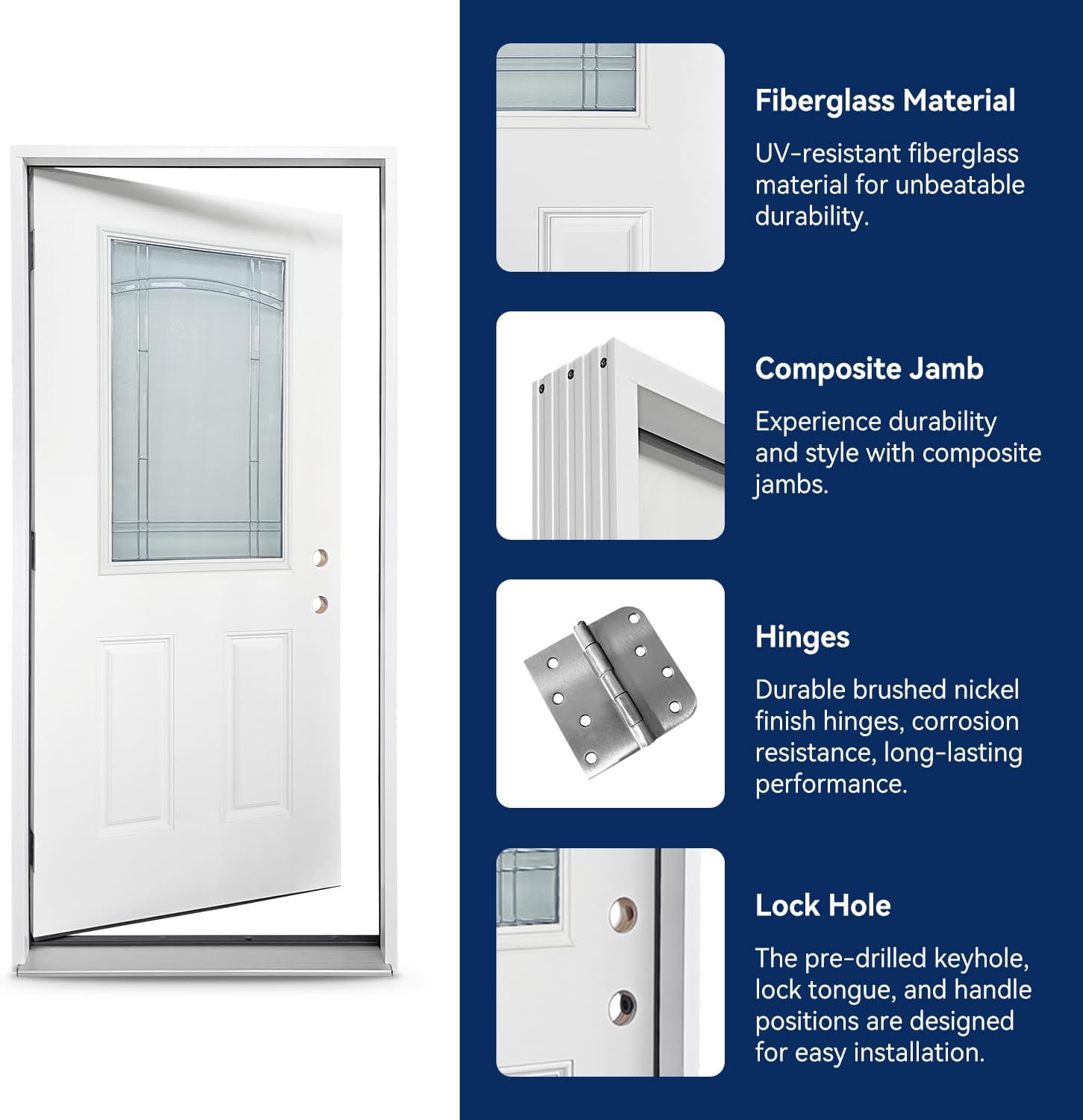 Durable 36 in. x 80 in. Composite Fiberglass Entry Door – 1/2 Lite 2-Panel Decorative Glass, Prehung Exterior Front Door, Left-Hand Inswing, Finished White, Ready to Install