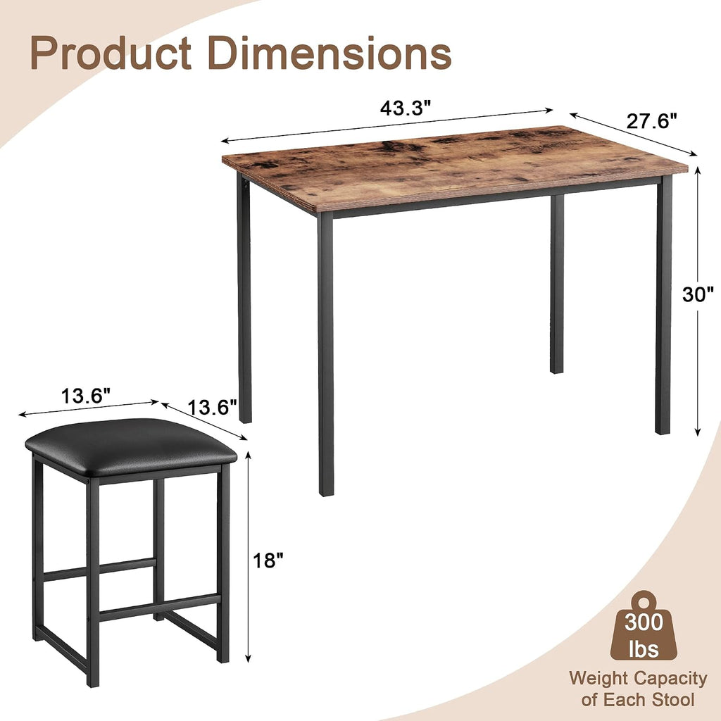 VECELO Kitchen Table and Chairs for 4, Dining Room Set with PU Chairs/Stools, Heavy-Duty Metal Frame, Wooden Tabletop, Space-Saving Design for Small Spaces, Easy Assembly, Walnut Brown
