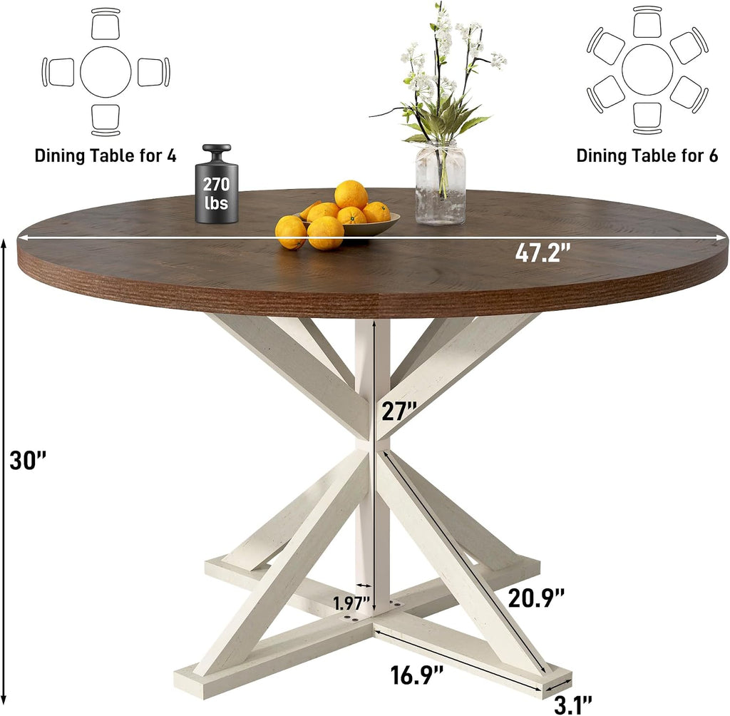 jiteentarou Round Wood Dining Table for Kitchen,Dining Room,Living Room,Farmhouse Dinner Tables W/Thickened Brown Waterproof Tabletop for 4 People,47 inch Rustic Kitchen Table W/Metal Support