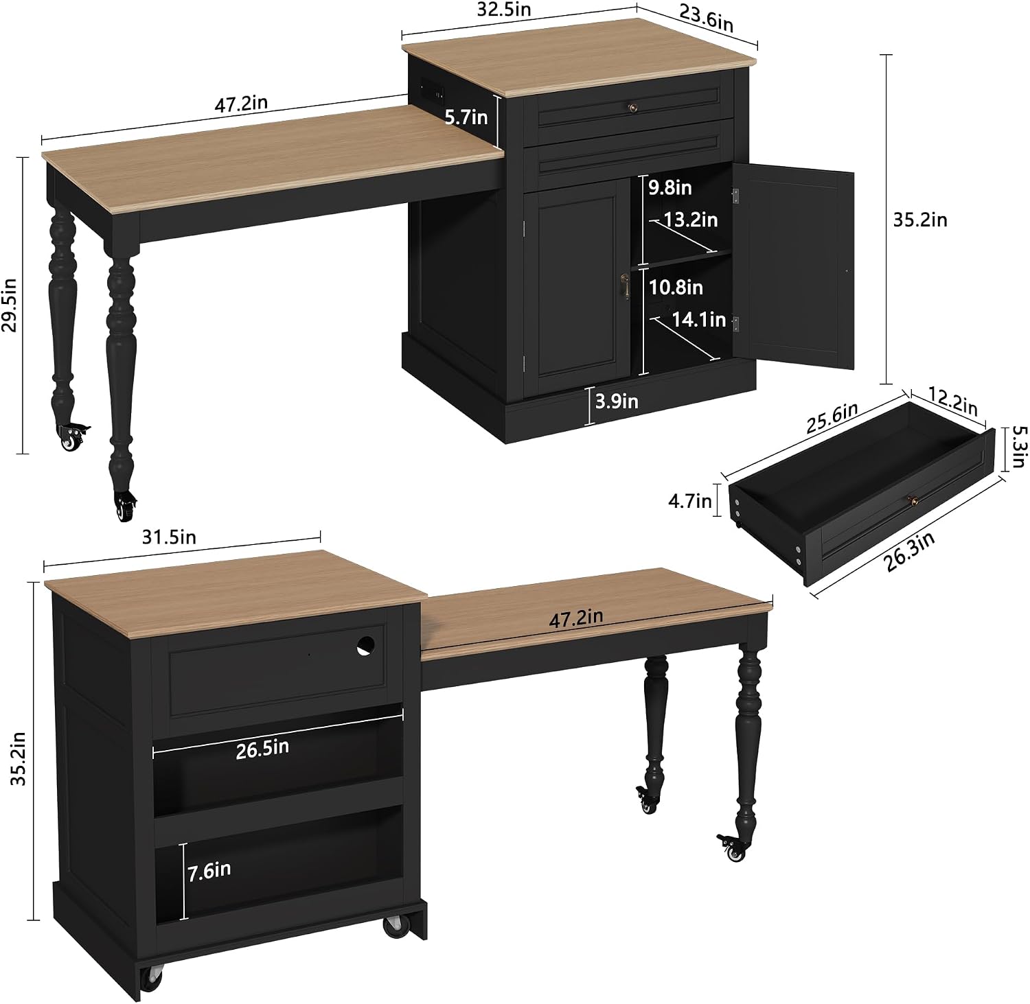 HLR 72' Kitchen Island with Extendable Table for 2-4, Island Table for Kitchen with Power Outlet and Storage Slide Out Legs, Rolling Islands Cart with 2 Doors (Black)