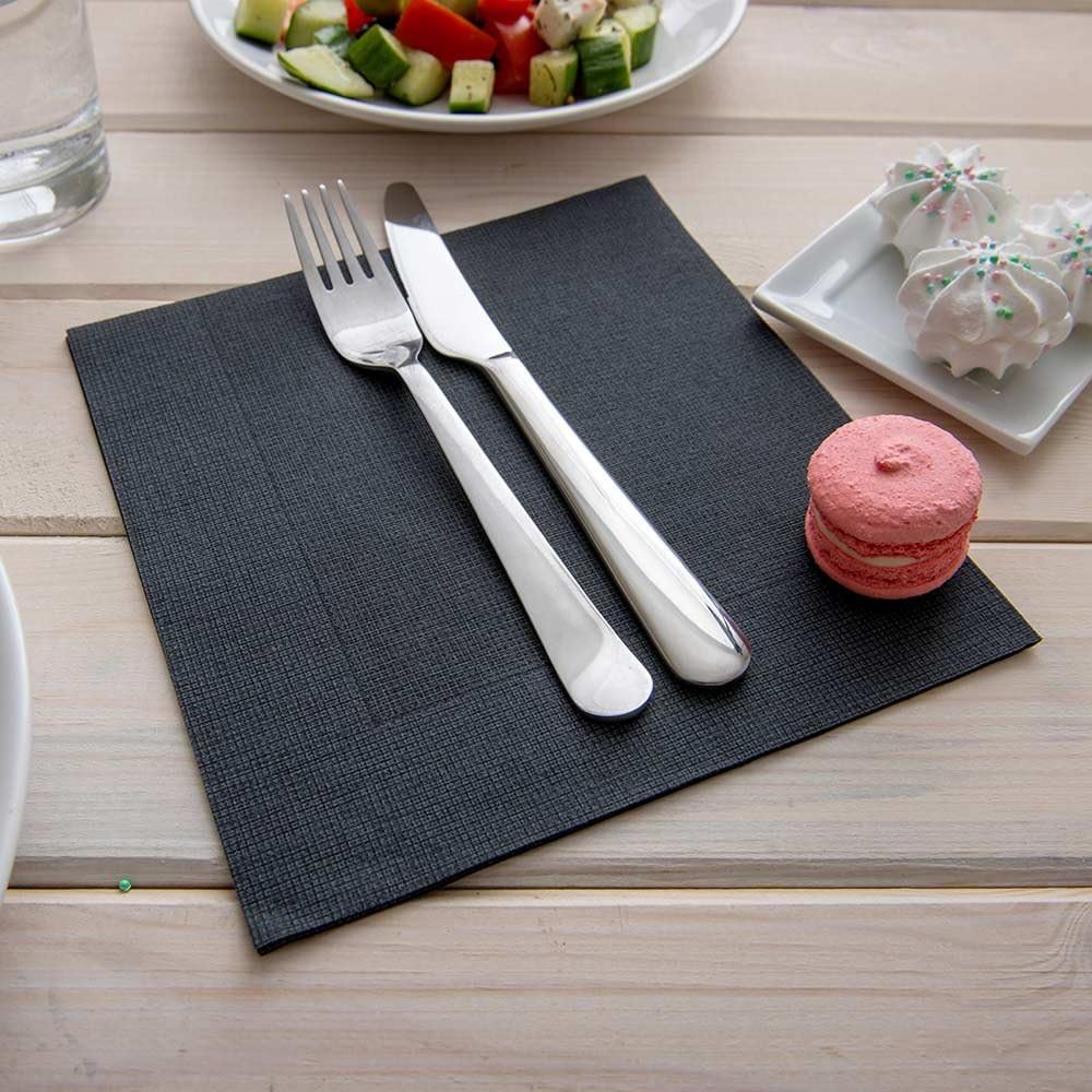 Restaurantware Luxenap 15.75 Inch Disposable Napkins 600 Soft Linen Like Napkins - Absorbent Air Laid Black With White Threads Paper Cloth Like Napkins Pre-folded For Dinner Party Guests